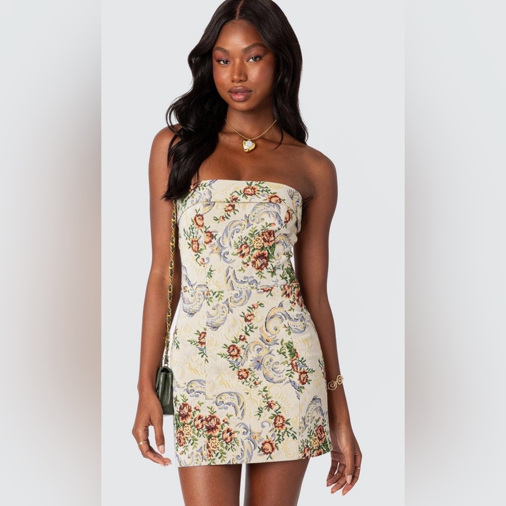 Edikted Floral Tapestry Lace Up Mini Dress